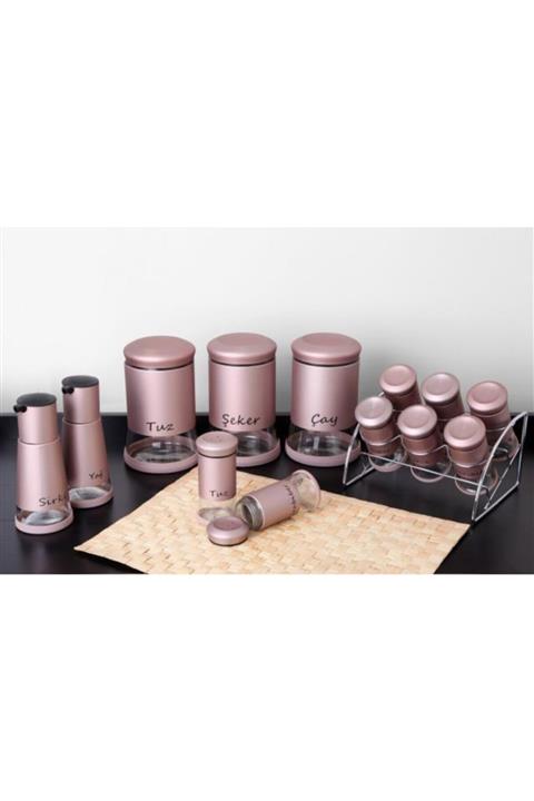 ALBETTO 13 Parça Metal Kaplamalı Cam Baharatlık Rose Gold 1881