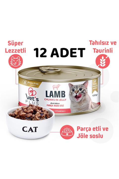Vet's Plus Jöle Soslu Parça Kuzu Etli Tahılsız Kedi Konservesi 100gr - 12 Adet
