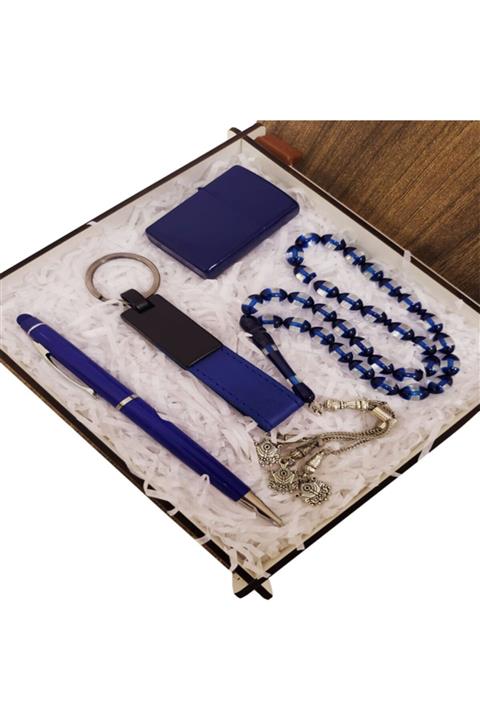 Neiçin Hediye Için 4lü Mavi Kehribar Tesbih Kalem Çakmak Ve Anahtarlık Set