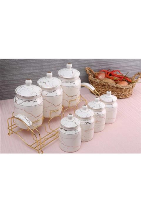 Ulusella Arow Mermer Desen Porselen Baharat Takımı 7 Li/beyaz