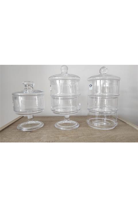 Alegre Glass Dama Düz Cam Kapaklı Şekerlik Tek Iki Ve Üç Katlı Set