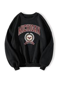 K&H TWENTYONE Kadın Siyah Michigan Baskılı Oversize Sweatshirt