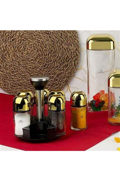 Sembol 6'lı Döner Standlı Gold Kapak Baharatlık Takımı Kitchen Art-325