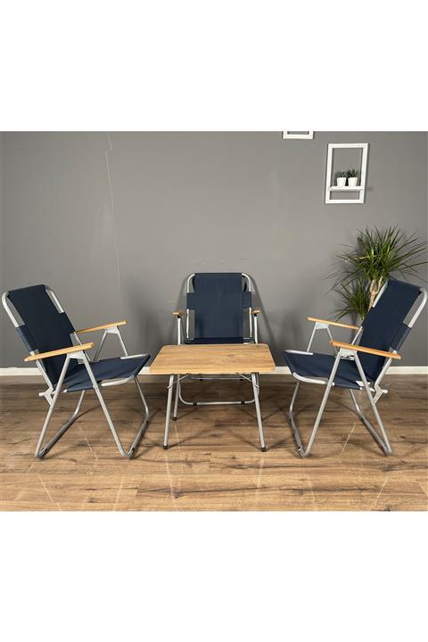 Berta Concept Marino Katlanır Ahşap Kollu 3 adet Lacivert Sandalye 1 adet 45x60 Masa Balkon Bahçe Takımı