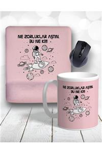 Atölye Çizgi Zorlukları Aşan Astronot Bilek Destekli Mouse Pad Ve Kupa Bardak (bardak Altlığı Hediye)