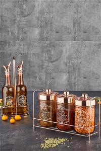 Hane Şanzelize Rosegold Paris Desenli Stantlı Cam Kavanoz&baharatlık&saklama & Yağlık&sirkelik Seti