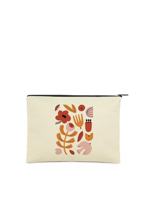 Çınar Bez Çanta Clutch Kuş Çiçek Desen Kanvas Makyaj Çantası