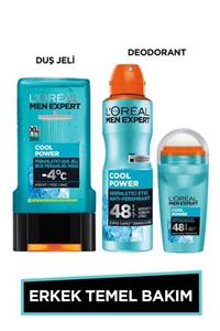 L'Oreal Paris Men Expert Erkek Temel Bakım Seti Cool Power Ferahlatıcı Duş Jeli 300ml + Cool Power Deodorant + Roll on