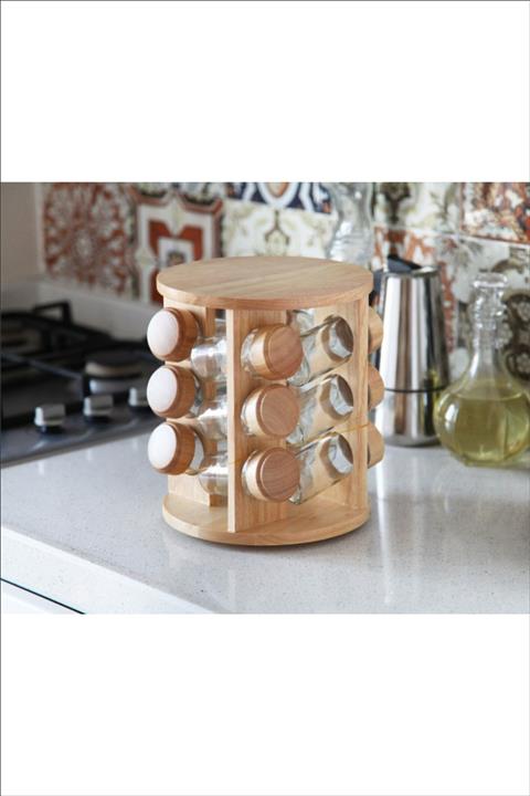 Pinkev 12li Dönen Bambu Stantlı Cam Baharatlık Seti