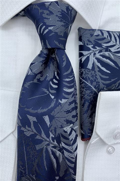 Quesste Accessory Erkek Lacivert Desenli Kravat Mendil Kutulu Set