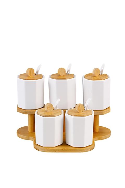 MEGAHOME Acar La Pure 5li Bambu Standlı Porselen Baharat Takımı