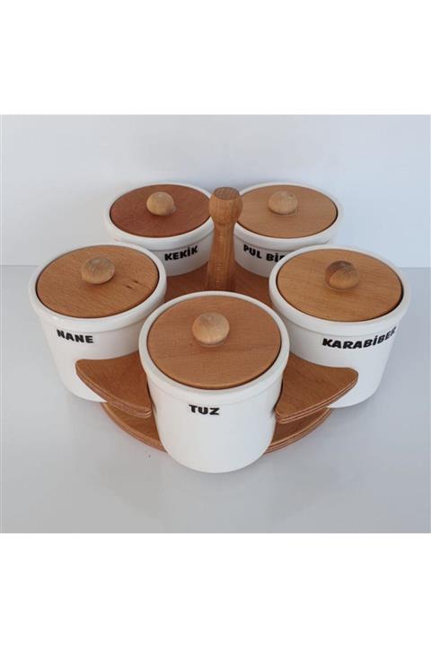 Ecr Seramik Ahşap 5'li Baharatlık