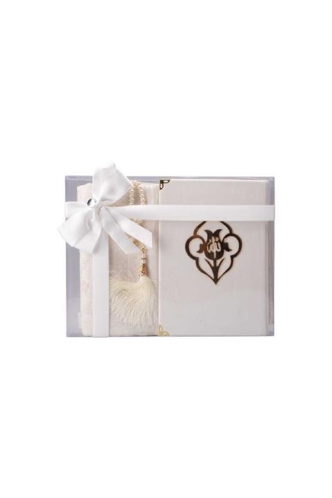 Hayrat Neşriyat Kadife Güllü Hafız Boy Kuran-ı Kerim Tesbih Seccade Beyaz Set