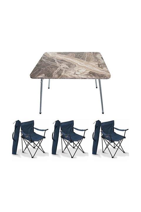 Moccastyle 60x80 Katlanır Mermer Masa+ 3 Adet Mavi Rejisör, Sandalye Piknik Plaj Sandalyesi