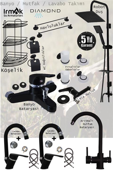 byconsmarkt Irmak Siyah Banyo Lavabo Mutfak Bataryaları Musluk Armatür Robot Duş Aksesuar Lavabo Duş Takımı