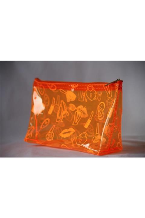 NobbeCompany Transparan Vinil Şeffaf Turuncu Neon Makyaj Çantası, Kalemlik, Makeup Bag