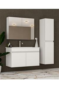 banos Tm3 Ayaksız 2 Kapaklı Lavabolu Beyaz Mdf 85 Cm Banyo Dolabı Aynalı Üst Dolap Boy Dolabı