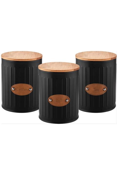 İkon Home Çay Kahve Tuz 2 Lt. Metal Ahşap Kapaklı Baharatlık Seti 3'lü