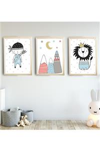 SUNNYFUNNYKIDS Bebek Çocuk Odası Tablo Kızılderili Oğlan Aslan 3'lü Naturel Renk Doğal Ahşap Çerçeveli Set 30x40 Cm