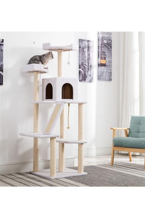 Evcils Village Kedi Evi Tırmalama Villası Dekoratif Kedi Tırmalama Evi Beyaz Peluş