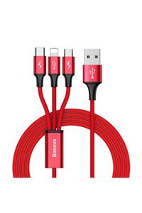 Baseus Series 3 In1 Iphone Micro Usb Type C 3a Hızlı Şarj Kablosu 1.2 mt Kırmızı