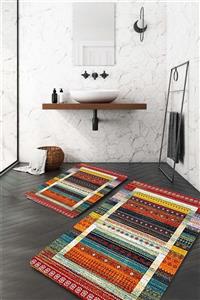 Evsebu Kilim Motif Beyaz Kenarlıklı Banyo Paspası