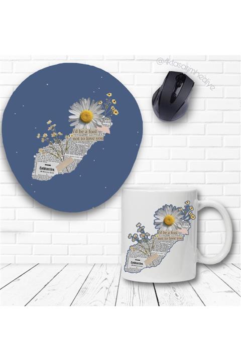 4k tasarım Gazete Papatya Baskılı Kupa Bardak Ve Bilek Destekli Mouse Pad Seti