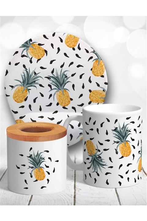 Atölye Çizgi Ananas Temalı Mouse Pad Kupa Kalemlik Bardak Altlığı Masaüstü Seti