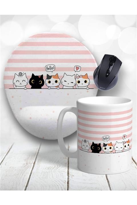 Atölye Çizgi Neşeli Kediler Bilek Destekli Mouse Pad Ve Kupa Bardak