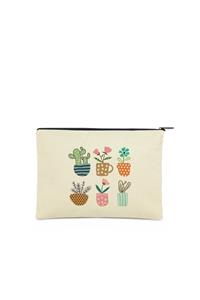 Çınar Bez Çanta Clutch Renkli Çiçekler Kanvas Makyaj Çantası