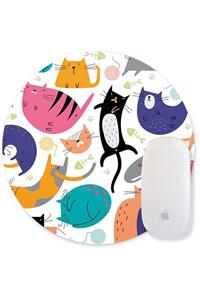 WuW Renkli Kediler Desenli Kaymaz Taban Yuvarlak Mouse Pad