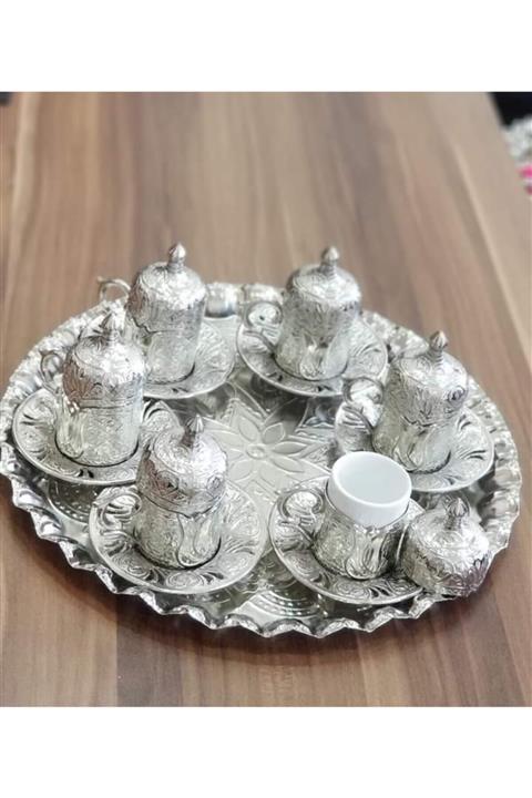 Nehar 6 Kişilik Gümüş - Bakır Osmanlı Desenli Türk Kahvesi Fincan Takımı - Tepsi Lokumluk