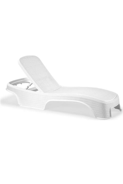 QUEEN AKSESUAR Hasır Görünüm Beyaz Kademe Ayarlı Tekerlekli Rattan Şezlong