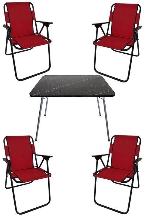 Oktay Granit Desenli Katlanır Masa + 4 Adet Katlanır Sandalye Kamp Seti Bahçe Takımı Kırmızı