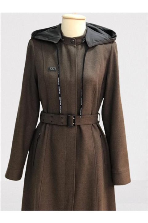 Zühre Kadın Kahve Yazı Şeritli Bağcık Ve Kapşonlu Pardesü 10492