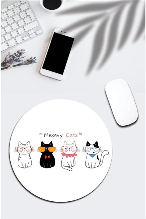 pixolog Gözlüklü Kediler Desenli Yuvarlak Mouse Pad 1652