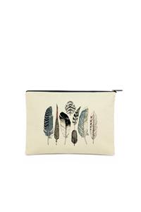 Çınar Bez Çanta Clutch Renkli Kuş Tüyleri Kanvas Makyaj Çantası