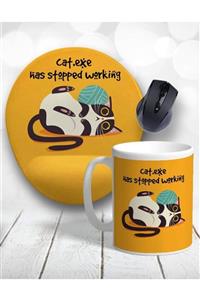 Atölye Çizgi Cat Exe Has Stopped Working Mouse Pad Ve Kupa Bardak + Bardak Altlığı