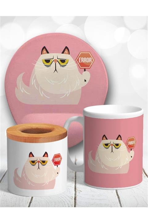 Atölye Çizgi Grumpy Cat Asıksurat Masaüstü Seti Mouse Pad, Kupa, Kalemlik, Bardak Altlığı Hediye