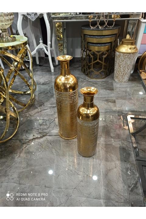 EFES HOME A Plus 2 Li Metal Dekoratif Vazo - Gold