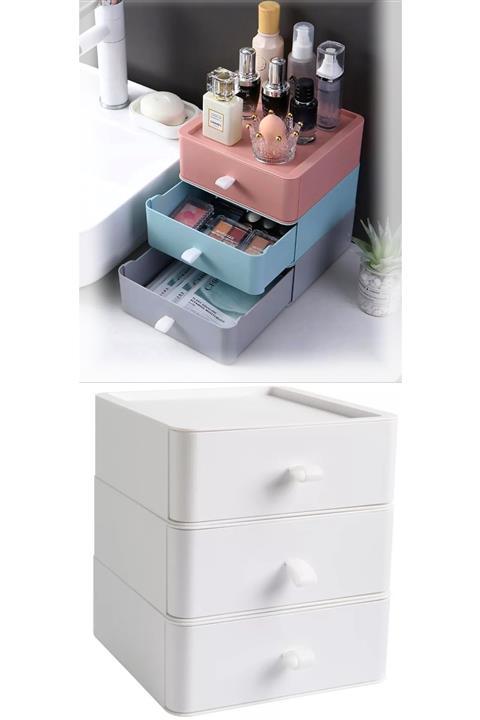 EARABUL Çekmeceli Makyaj Organizeri Üstüste Eklenebilir Masaüstü Organizer Düzenleyici Beyaz 3 Adet