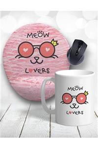 Atölye Çizgi Cat Lovers Meow Kedi Bilek Destekli Mouse Pad Ve Kupa Bardak + Bardak Altlığı