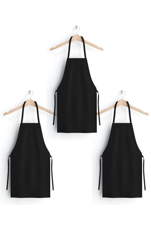 KURUMSAL AMBALAJ 3 Adet Mutfak Önlüğü-%100 Pamuk Siyah Gabardin Kumaş