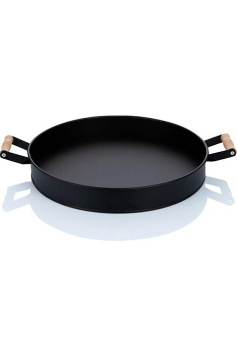 Bestofhome Galvaniz Siyah Yuvarlak Tepsi - 37 Cm Ahşap Kulplu