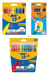 Bic Pastel Boya Kalemi 12'li + Kuru Boya Kalemi 12'li + Yıkanabilir Keçeli Boya Kalemi 12'li