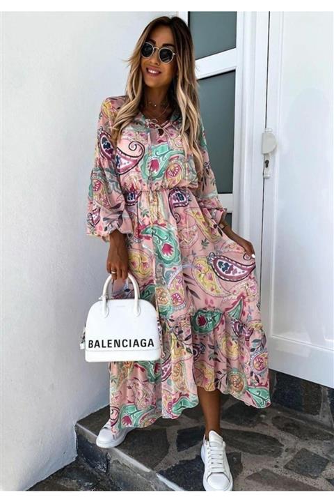 ELBİSENN Yeni Model Kadın Beli Lastikli Etnik Desen Süprem Elbise