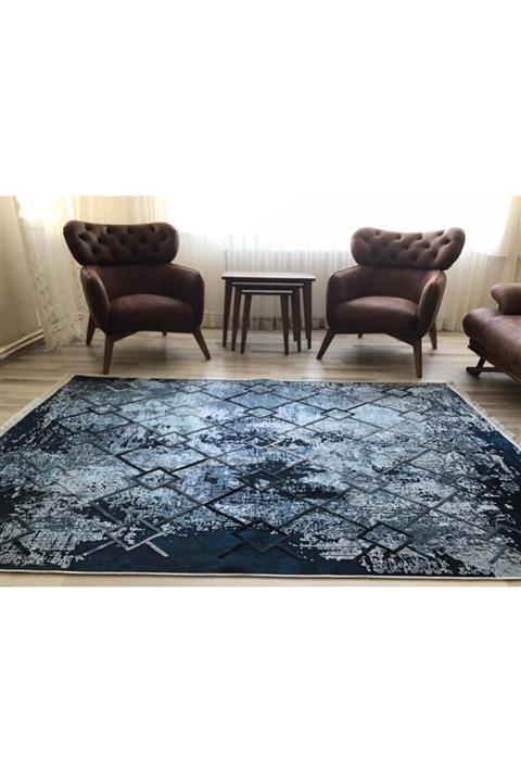 İklim Kilim Nakkaş Modern Geometrik Desenli Yıkanabilir Salon Kilim 160x230 5022a Mavi
