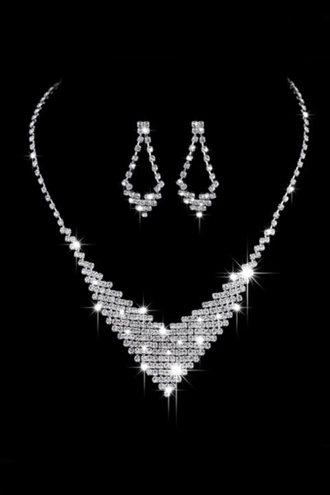 Chavin Düğün Nişan Kına Damla Taşlı Bayan Kolye Küpe Set Eg88