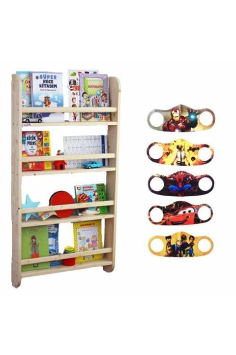 Mashotrend Ahşap Çocuk Odası Kitaplığı + 5 Adet Erkek Maskesi - Ahşap Kitaplık - Çocuk Boy Kitaplık 120 X 60 Cm