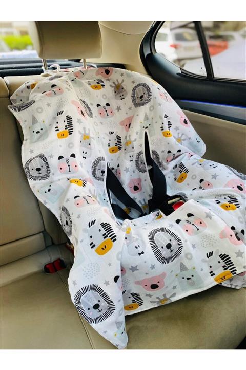 Pamuk Atölyesi Sevimli Yüzler Ve Tilkili Müslin Oto Koltuk Kılıfı - Çift Taraflı